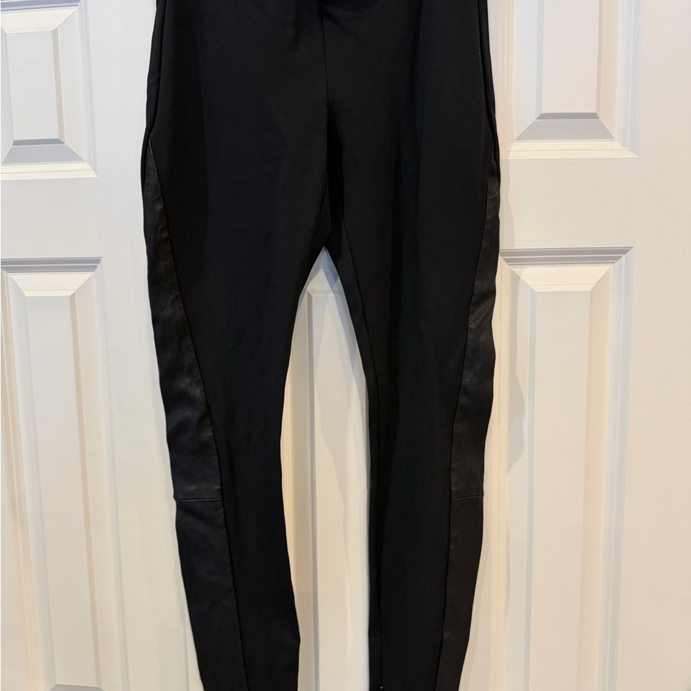 Theory Black Leggings with Sleek Design with leather down side of pant